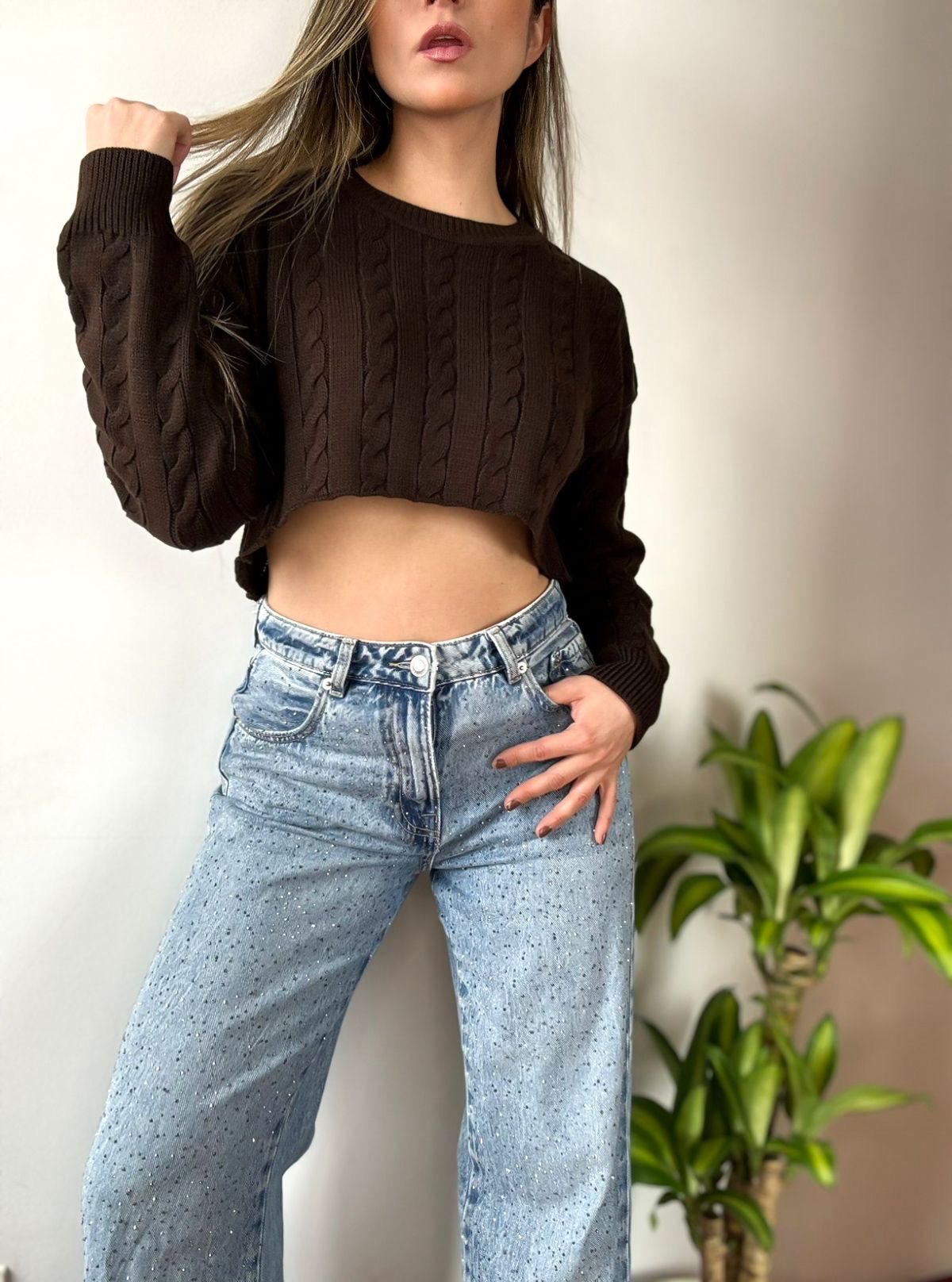 Crop Sweater Trenzado Café